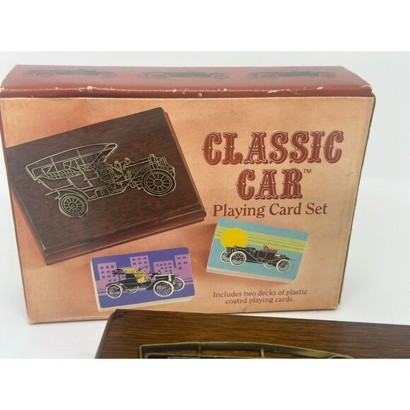VTG Classic Car Playing Card Set with Wooden Storage Box 2 Decks MCM Decor - Picture 3 of 6